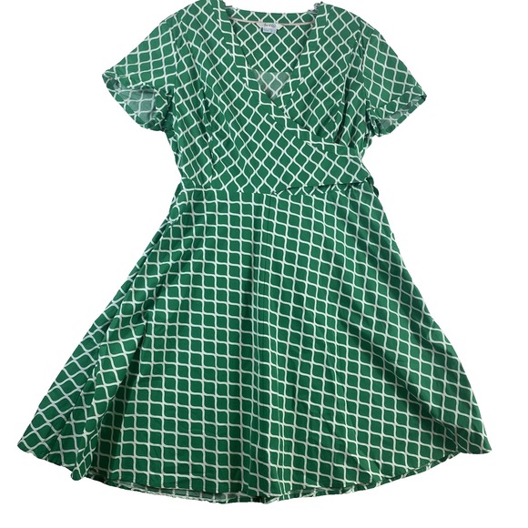 Boden Green Geo Faux Wrap Dress Sz 14 Green Short Sleeve Tradwife Preppy - Picture 2 of 14